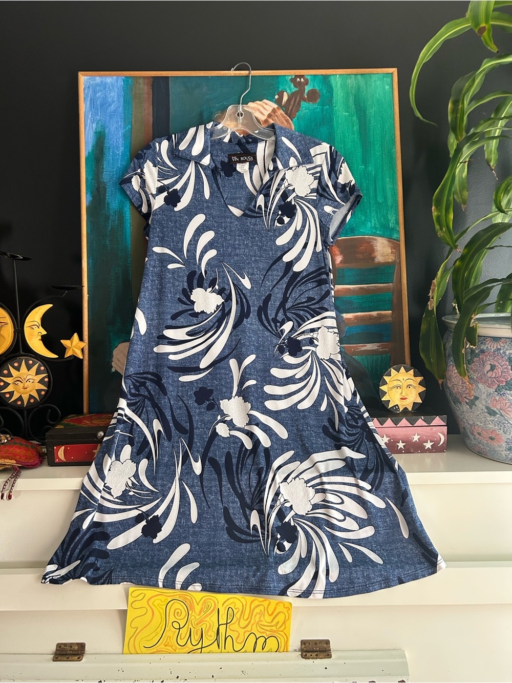 Mode Vin Rouge Y2K Blue Floral A-Line Midi Dress Made in Canada S